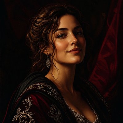 head-and-shoulders portrait of an original character: a young woman with wavy chestnut hair and a warm smile, plain soft backdrop