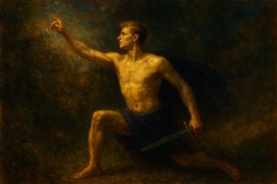 a painting of a man with a sword