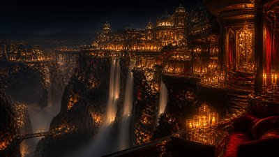 a cliffside city with waterfalls cascading into a misty canyon, wide establishing shot, no people, no text