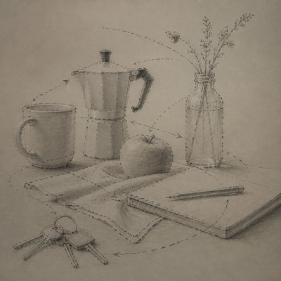 still life with everyday objects — Implied Line Art Style