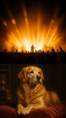 a live music scene with a glowing stage and silhouetted crowd, energetic vertical composition with open space at the top, no text