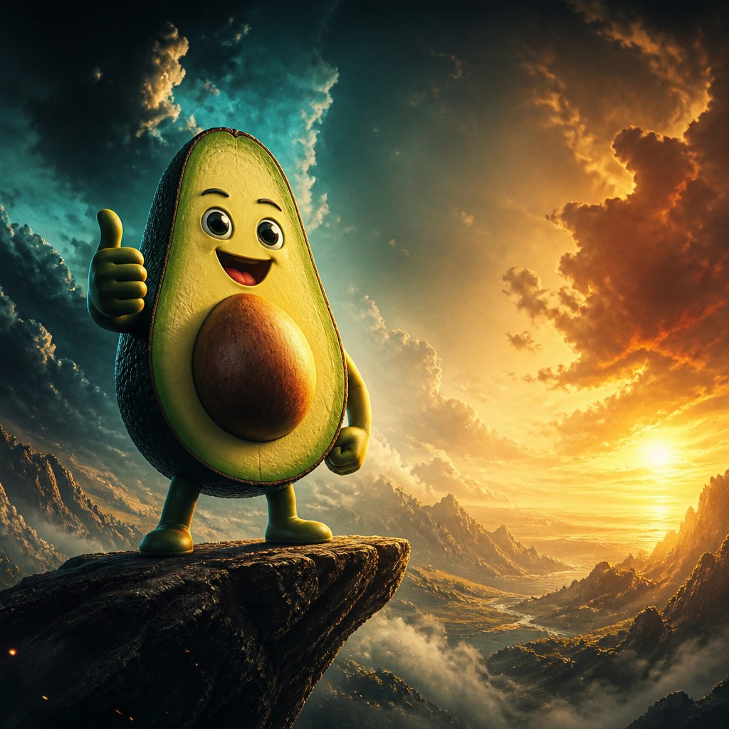 a happy avocado character giving a thumbs up, bold readable design on a plain background, no text