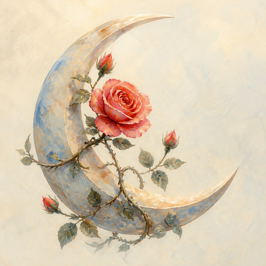 a rose entwined with a crescent moon, clean balanced composition on a plain background, no text