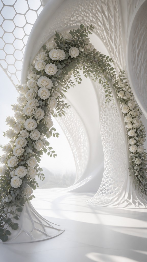 an arch of white roses and eucalyptus in soft morning light, elegant vertical composition with open space, no text