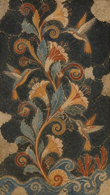 a climbing vine of flowers and hummingbirds on a dark background, tall wrapping composition, no text