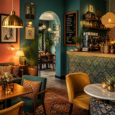 cozy cafe interior with warm lighting
