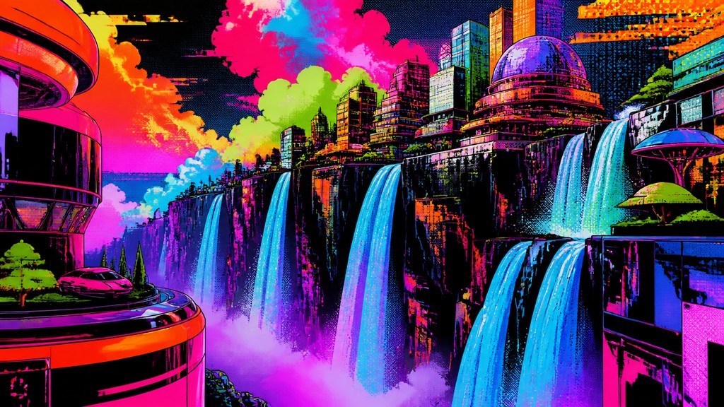 a cliffside city with waterfalls cascading into a misty canyon, wide establishing shot, no people, no text
