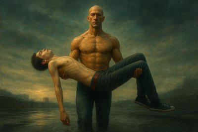 a painting of a man holding a naked man