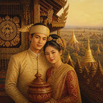 portrait of two people together — Burmese Art Style