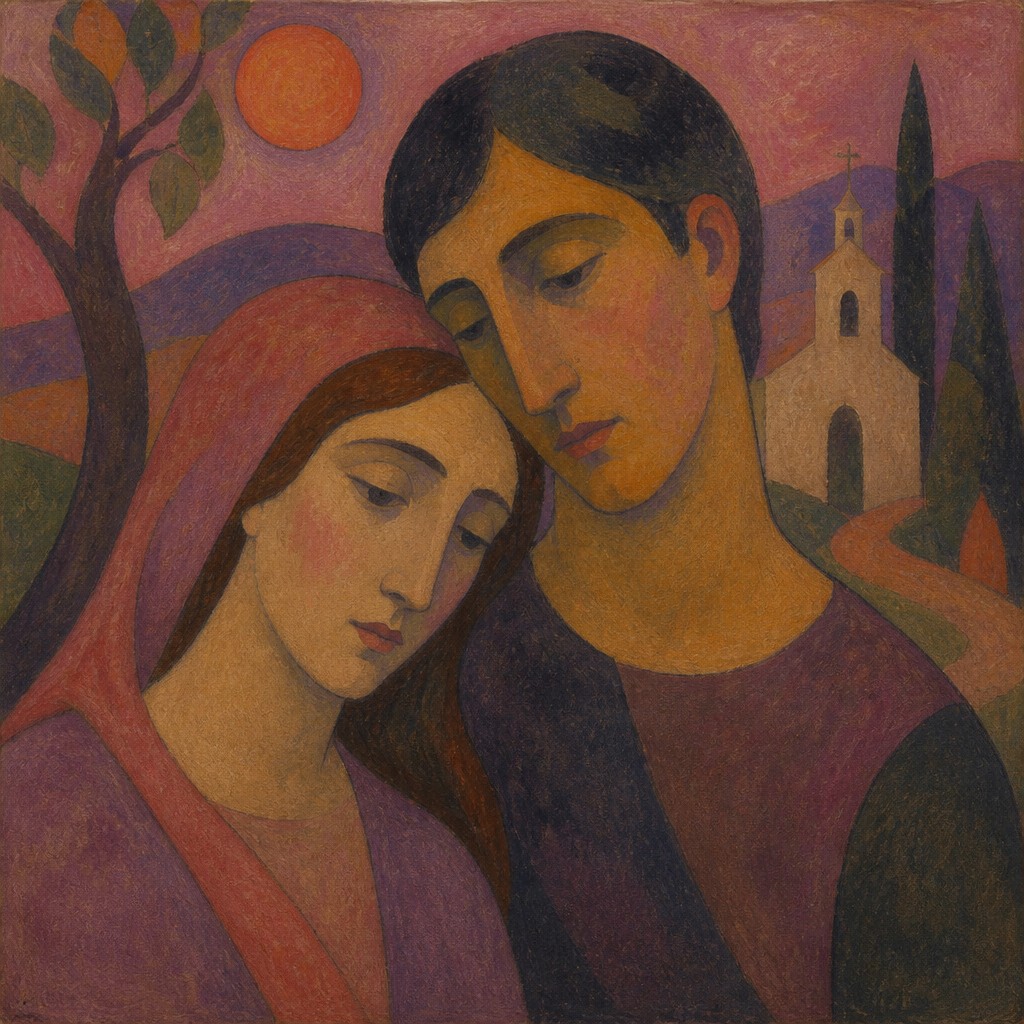 portrait of two people together — Synthetism Art Style