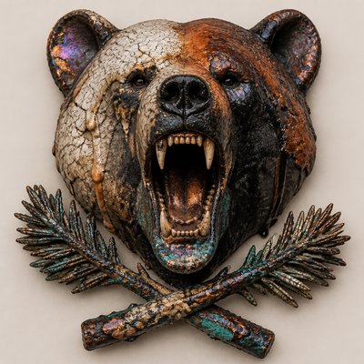 a roaring bear head above crossed pine branches, bold graphic composition on a plain background, no text