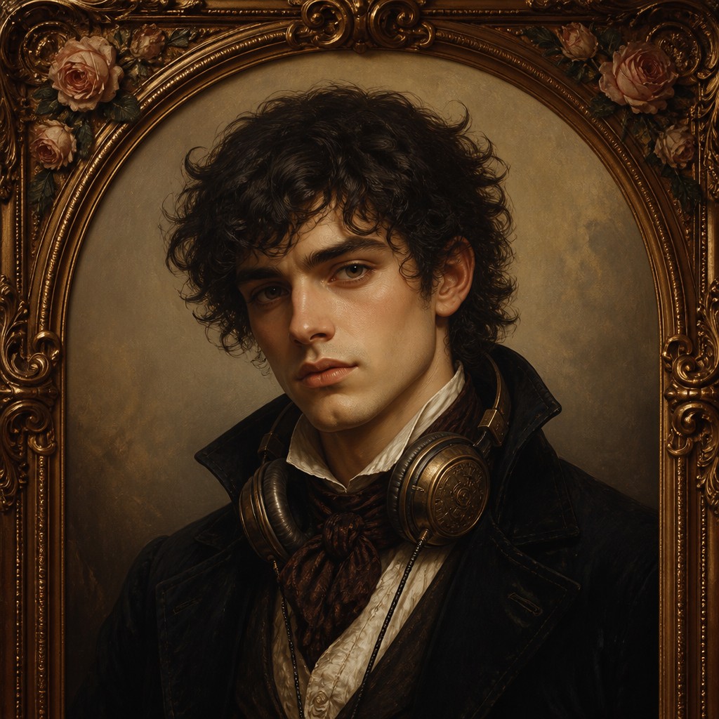 head-and-shoulders portrait of an original character: a young man with curly dark hair and headphones around his neck, plain backdrop, no text