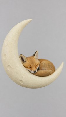a sleeping baby fox curled on a crescent moon among soft stars, gentle and warm, no text