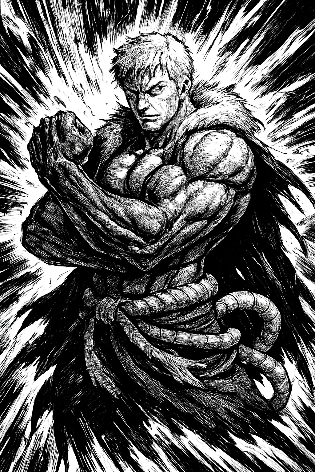 a black and white drawing of a man holding a snake