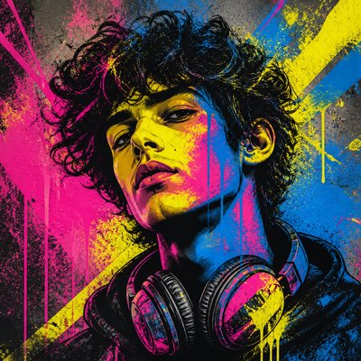 head-and-shoulders portrait of an original character: a young man with curly dark hair and headphones around his neck, plain backdrop, no text