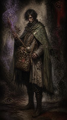 full-body original character: a wandering botanist with a satchel of plants, a patched green cloak, tall boots and round glasses, neutral background
