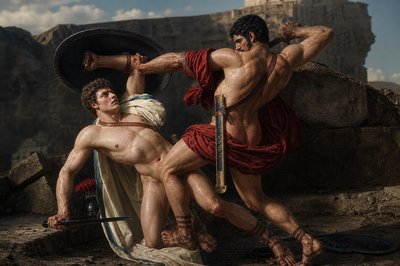 a painting of two men fighting with each other