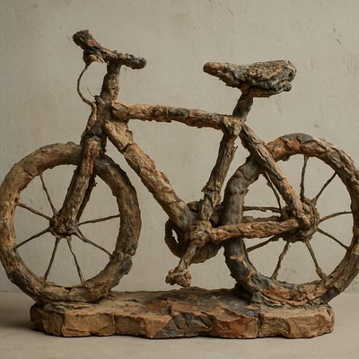 bicyle resting against a wall