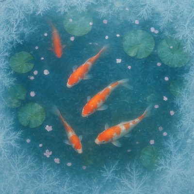 A koi pond seen from above, orange and white koi fish swimming among lily pads, clear water with subtle ripples, fallen cherry blossom petals floating on the surface, dappled sunlight