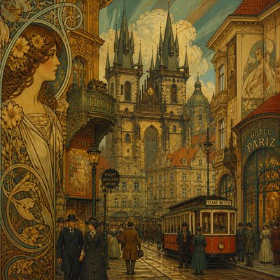 urban street with city activity — Prague Art Style