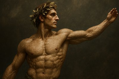 a man with a wreath on his head is flexing his muscles