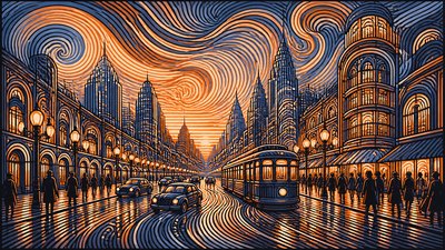 bustling city street panorama at dusk