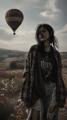 a hot air balloon drifting over rolling flower fields on a sunny day, cheerful, no text