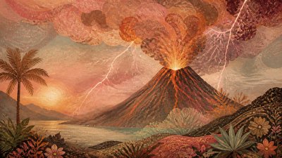 an erupting volcano with lightning strikes, dramatic wide composition, no text