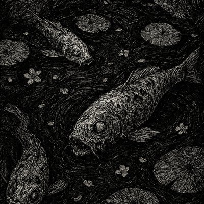 A koi pond seen from above, orange and white koi fish swimming among lily pads, clear water with subtle ripples, fallen cherry blossom petals floating on the surface, dappled sunlight