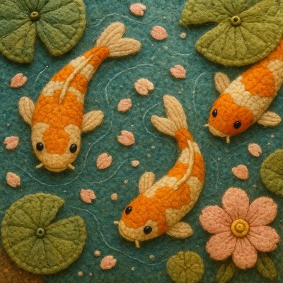A koi pond seen from above, orange and white koi fish swimming among lily pads, clear water with subtle ripples, fallen cherry blossom petals floating on the surface, dappled sunlight