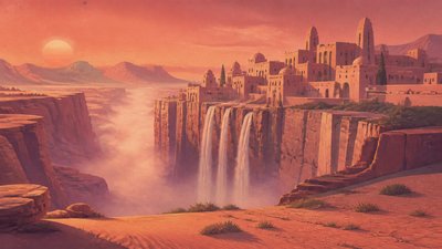 a cliffside city with waterfalls cascading into a misty canyon, wide establishing shot, no people, no text