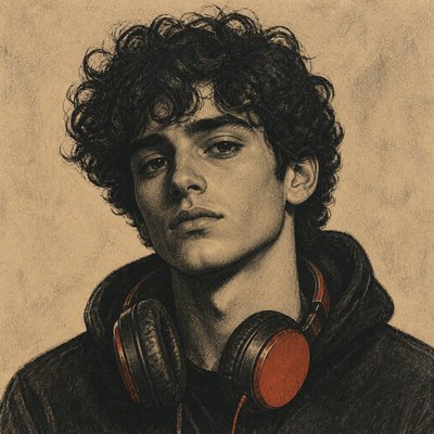 head-and-shoulders portrait of an original character: a young man with curly dark hair and headphones around his neck, plain backdrop, no text