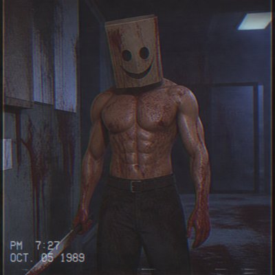 Je veux que tu me dessines un homme abdo incroyable un peu comme un slasher avec un couteau et un mask en paper bag avec un sourire creepy il a un pantalon normal Je veux aucun texte , et des couleurs, hyper froides, aucune couleur chaude à part le rouge vif peut-être du blanc et du noir c’est tout
 Et bien évidemment, je veux que la peau soit aussi avec des couleurs chaudes, genre une peau beige je veux pas que le masque soit disproportionné, je veux un masque quand même assez grand et un masque beige marron du supermarché, je veux des éclaboussures partout sur lui et des abdo réaliste. Pas un truc bizarre en ligne droite symétrique, je veux vraiment en effet jeux vidéo