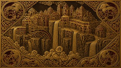 a cliffside city with waterfalls cascading into a misty canyon, wide establishing shot, no people, no text