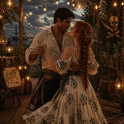 an original couple dancing under string lights in a garden at dusk: a man with short black hair in a linen shirt and a woman with braided red hair in a summer dress