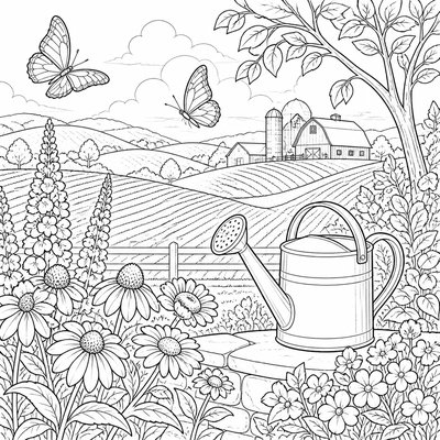 a garden scene with butterflies, flowers and a watering can, clean uncolored line art, no text