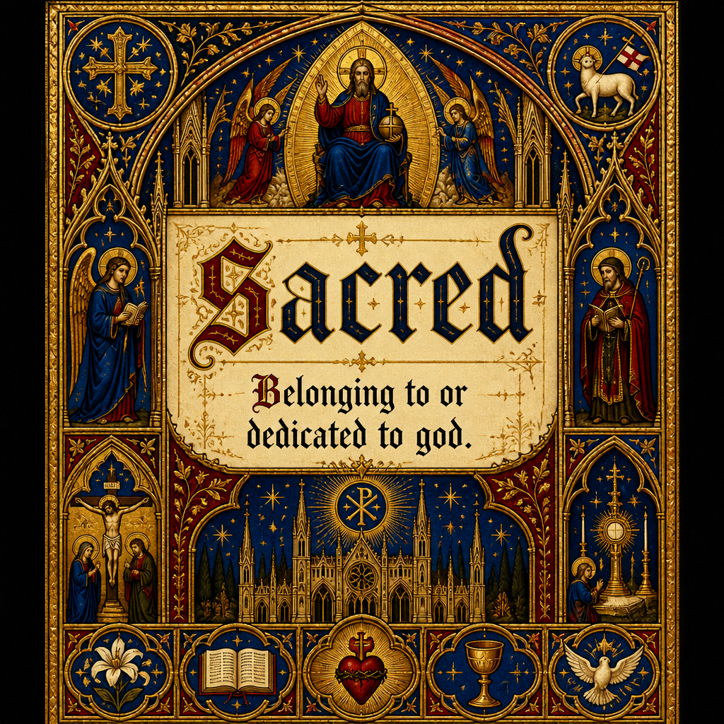 Please create a flashcard for the spelling word: "sacred" and it's definition: "Belonging to or dedicated to god."