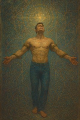 a painting of a man with his arms outstretched