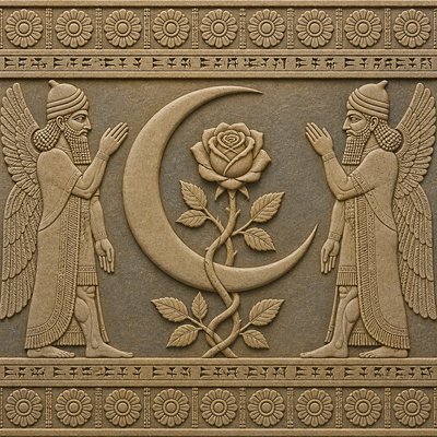 a rose entwined with a crescent moon, clean balanced composition on a plain background, no text