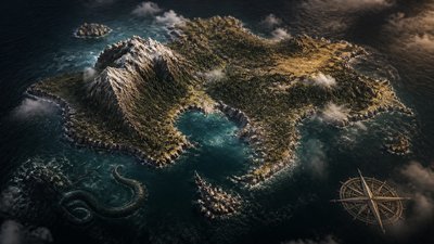 a map of an island realm with mountains, forests, a sheltered bay, sea monsters in the water and a compass rose, no text labels