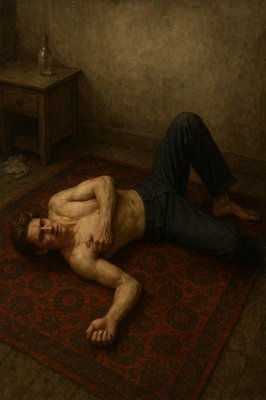 a painting of a man laying on a rug