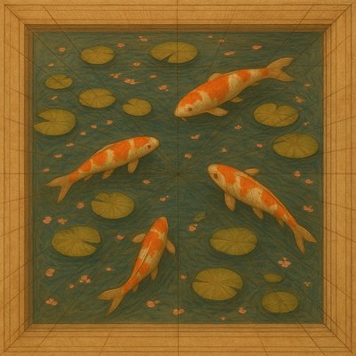 A koi pond seen from above, orange and white koi fish swimming among lily pads, clear water with subtle ripples, fallen cherry blossom petals floating on the surface, dappled sunlight