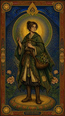 full-body original character: a wandering botanist with a satchel of plants, a patched green cloak, tall boots and round glasses, neutral background