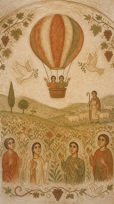 a hot air balloon drifting over rolling flower fields on a sunny day, cheerful, no text