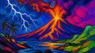 an erupting volcano with lightning strikes, dramatic wide composition, no text