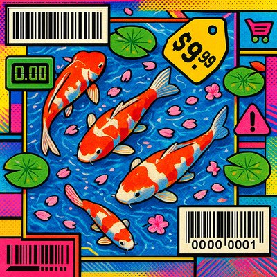 A koi pond seen from above, orange and white koi fish swimming among lily pads, clear water with subtle ripples, fallen cherry blossom petals floating on the surface, dappled sunlight