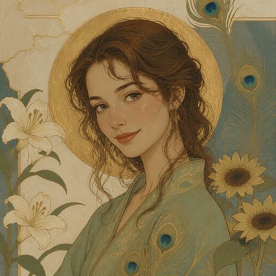 head-and-shoulders portrait of an original character: a young woman with wavy chestnut hair and a warm smile, plain soft backdrop