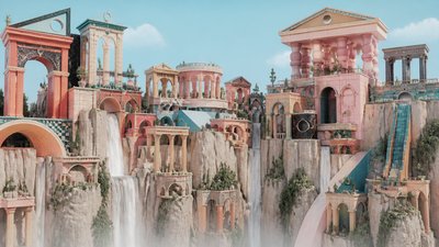 a cliffside city with waterfalls cascading into a misty canyon, wide establishing shot, no people, no text