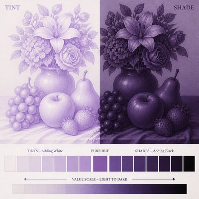 still life arrangement of fruits and flowers