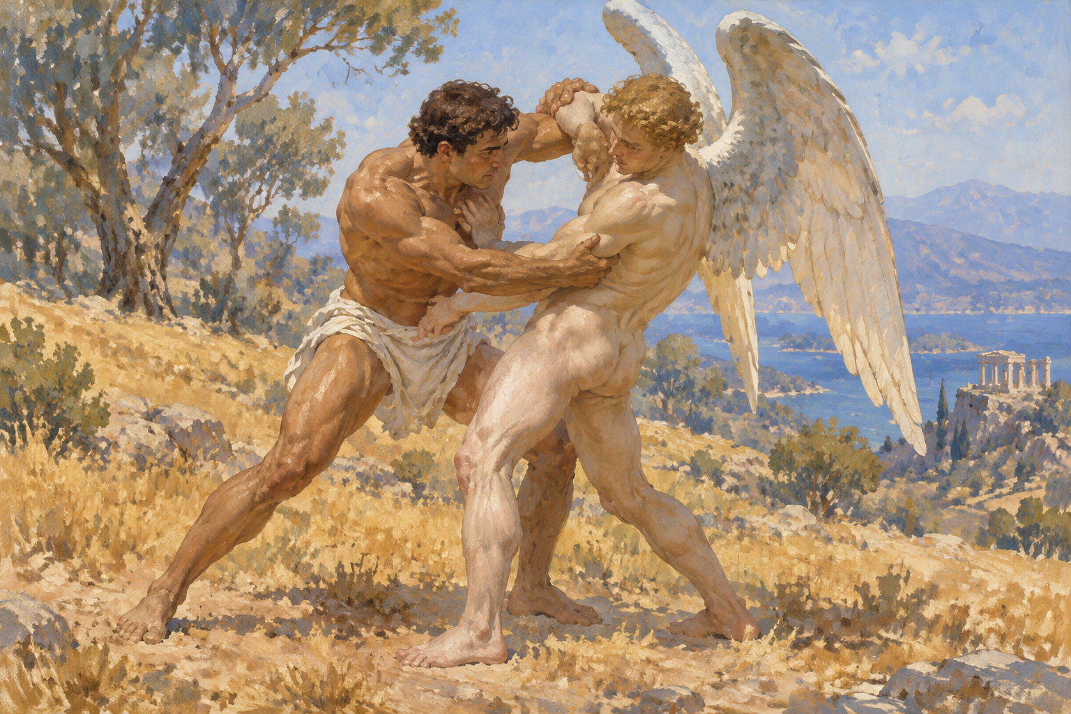 ancient greek athlete wrestles with male angel without clothes